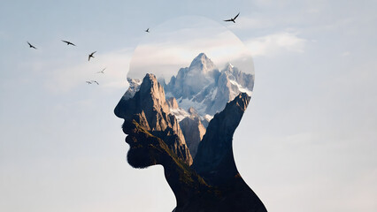 A surreal double exposure portrait of a human profile with a majestic mountain range