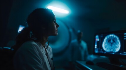 A medical professional intently observes a brain scan on a computer screen in a futuristic dimly lit laboratory setting