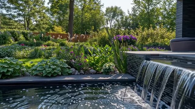 Modern backyard patio with waterfall feature and lush garden during daytime