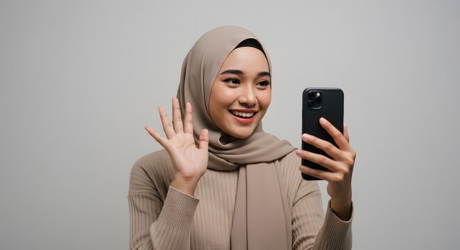 Happy Muslim Woman Video Calling on Smartphone