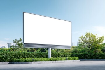 Obraz premium Empty billboard mock up with white screen in urban park surrounded by lush greenery and trees, providing ample space for advertising or design purposes