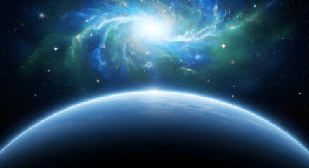 Obraz premium A blue planet with a bright galaxy in the background, a cosmic scene
