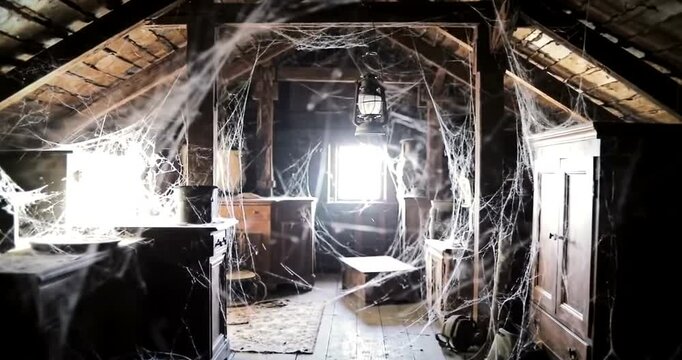 Creepy attic covered in cobwebs.