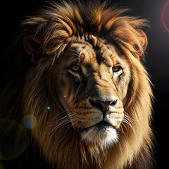 Fototapeta premium Majestic lion portrait with a beautiful mane in a dark background