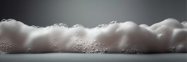 White soap foam with bubbles on dark background, panoramic macro texture. Concept of hygiene, freshness, cleaning, purity, sanitation, detergent, wellness, bathroom, cosmetic product, advertising desi