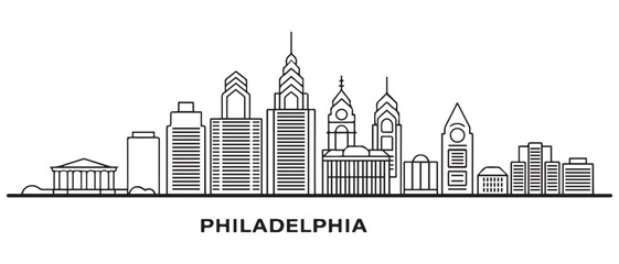 Obraz premium Philadelphia City urban Line Art skyline. Modern minimalist cityscape graphic, perfect for travel, banners. with white background