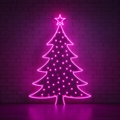 Glowing neon christmas tree on brick wall for holiday celebration