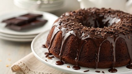 A rich, chocolate bundt cake drizzled with chocolate icing, garnished with chocolate sprinkles.