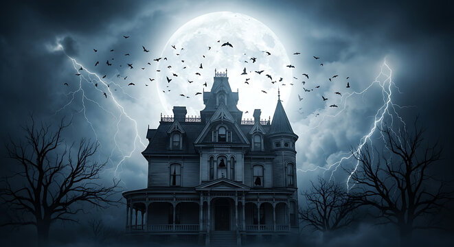 Spooky haunted house with bats, lightning, and full moon