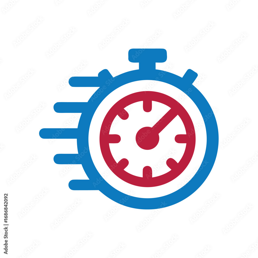 Poster blue and red stopwatch icon with motion lines on white background timer time
