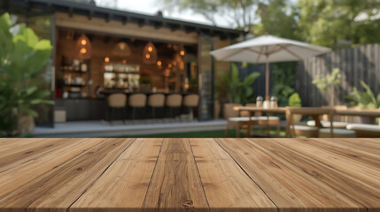 Obraz premium Rustic Wooden Table with Defocused Cocktail Bar | Summer Lifestyle, Restaurant Branding, and Marketing Mockup