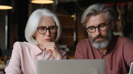 Senior couple using laptop with serious expressions, symbolizing online banking, financial planning, healthcare decisions, technology adoption, retirement, and digital lifestyle.