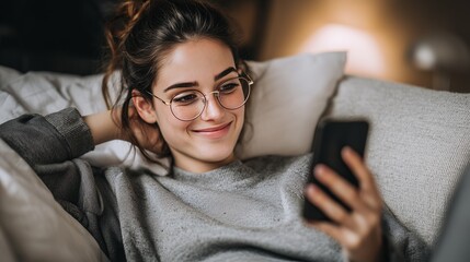 Smiling young woman in glasses using smartphone while relaxing at home. Concept of digital lifestyle, social media, online communication, technology, comfort, connection and modern everyday life.