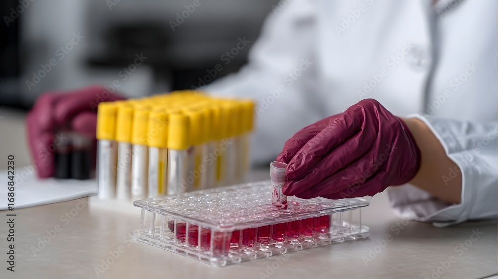 Poster close up of lab technician s gloved hands working with blood samples and test tubes in a science lab