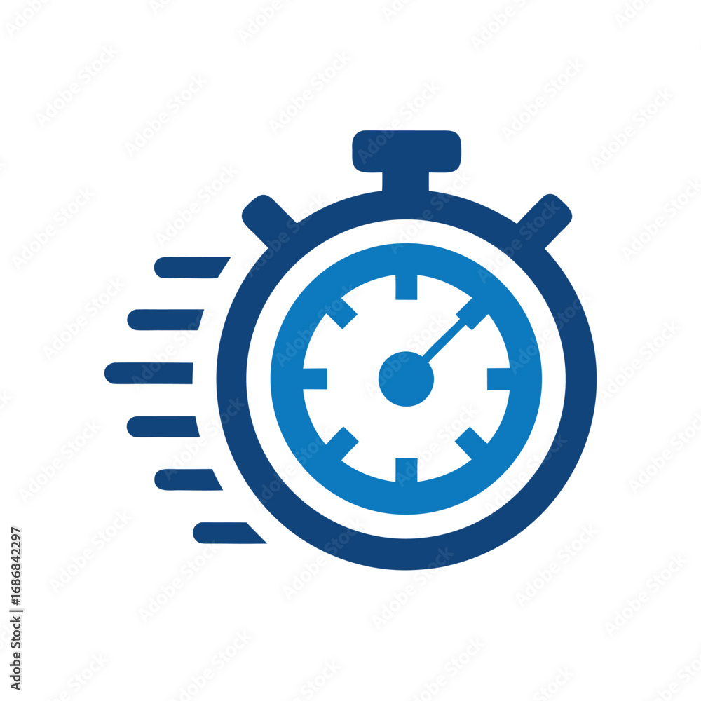 Poster blue stopwatch icon with motion lines on white background timer time