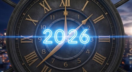 Obraz premium Glowing 2026 - Neon New Year on Antique Clock Face.
