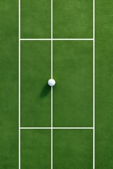 Aerial view of a pristine green tennis court featuring a single white ball positioned at the center, highlighting the symmetry and vibrant colors of the sports environment