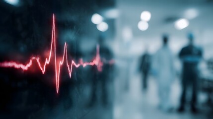 Red heartbeat waveform displayed on a digital screen with blurred medical staff in a hospital setting