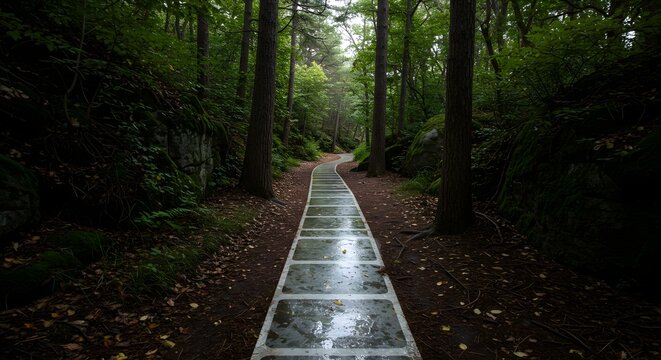 A forest path made of a film strip with layered shadows, a surreal metaphor for d&eacute;j&agrave; vu, an eternal path, and a journey repeating through time