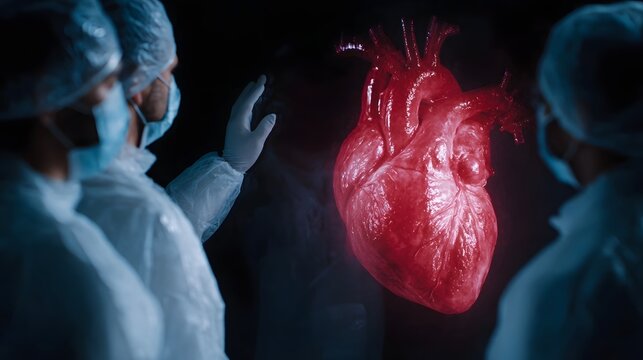 Medical professionals interact with a glowing holographic human heart model