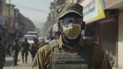 A soldier in uniform with a gun. A realistic video of the pandemic in india. Field of call center with 4k resolution. An armed soldier lifestyle in military attire.