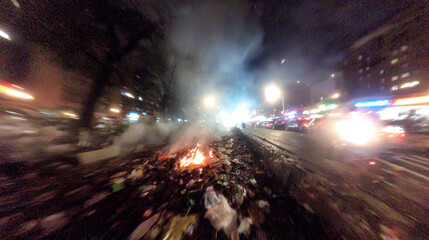 Rapidly moving blurred shadows near burning trash bins and debris in smoky urban scene with flickering streetlights