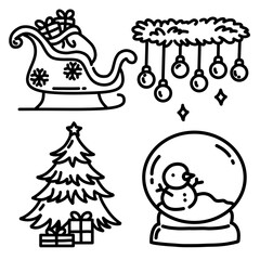 Festive black and white doodle set of Christmas sleigh, lights, decorated tree, and snow globe, ideal for holiday coloring pages and seasonal designs. Minimalist Christmas icon set collection.