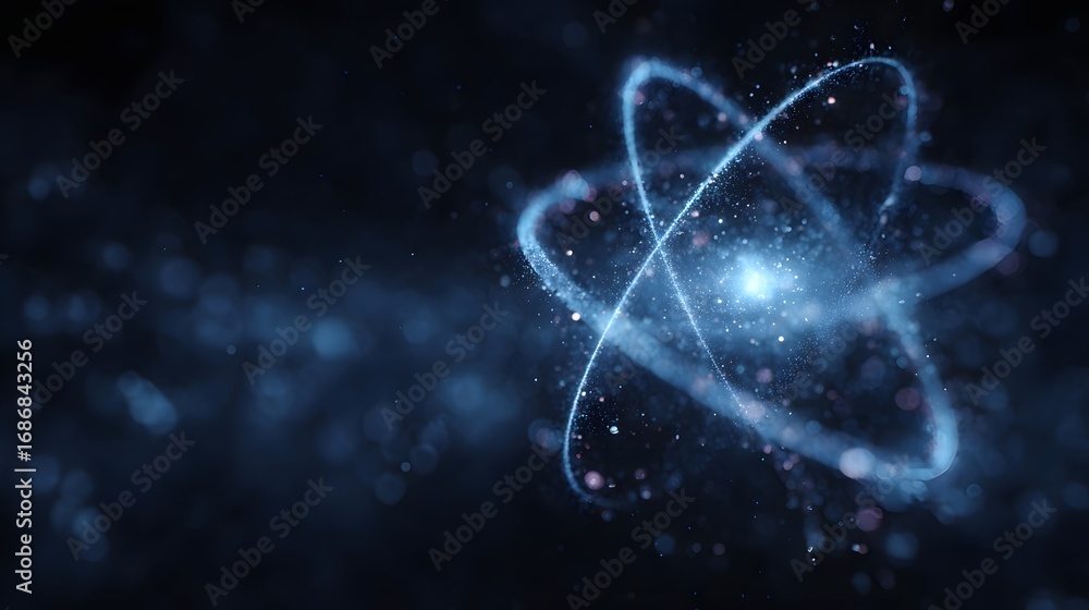 Aufkleber abstract glowing atom with dynamic electron orbits in a dark blue environment