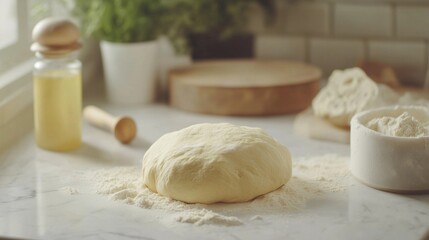 Ball dough on counter. Realistic video of woman kneading dough with elastic flour. A field of marbles with a perspective of folding surface. A lump of dough on lifestyle a countertop.