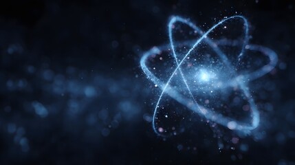 Abstract glowing atom with dynamic electron orbits in a dark blue environment