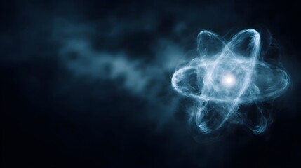 Stylized glowing atom model with orbiting electrons against a dark smoky blue background