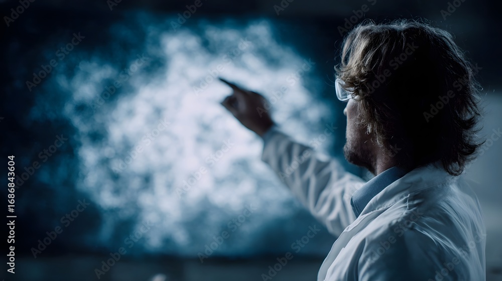 Poster scientist analyzing atom structure on a glowing holographic screen in a modern lab