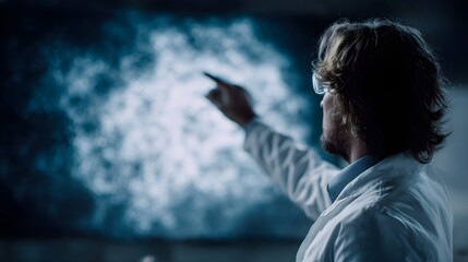 Scientist analyzing atom structure on a glowing holographic screen in a modern lab