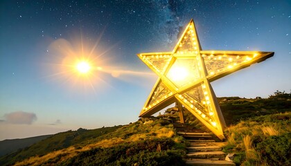 Illuminated golden star on mountaintop at dawn
