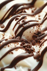Ice cream with chocolate drizzle, soft pastel tones, macro detail