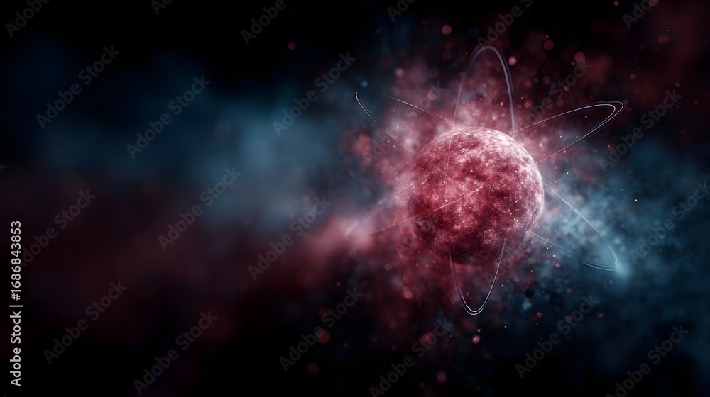 Poster glowing atomic core with orbiting electrons and energetic particles in abstract space