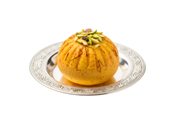 A round, vibrant yellow sweet, adorned with pistachios and saffron threads, rests on a decorative silver plate against a dark background.
