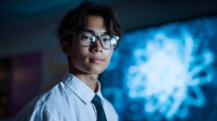 Young Asian student with glasses looks intently at a glowing digital screen in a modern science classroom