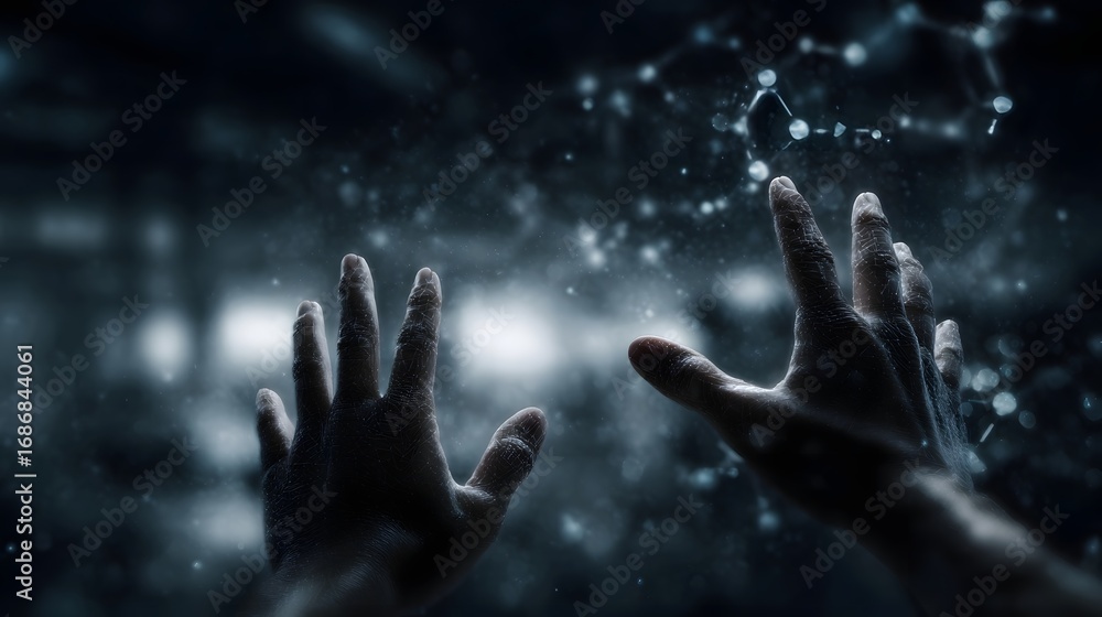 Aufkleber hands exploring a glowing digital network of scientific data