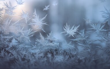 Captivating macro image of frosty ice crystal pattern on window with a blurred soft white background
