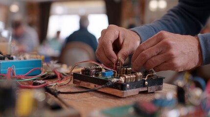 Focused medium shot showing a person fixing an old toasters wiring inside a repair cafe with softly blurred tools and patrons in the background illustrating electronic reuse.