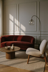 Modern living room with red velvet sofa, white boucle chair, round wood table and decorative vases