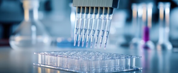 The Multichannel Pipette Dispensing Samples into a 96-Well Microplate on Laboratory Bench