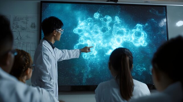 A person in a lab coat points at a glowing blue scientific visualization on a large screen during a class