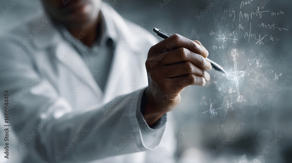 Poster a scientist in a lab coat writes complex scientific equations and diagrams on a glowing transparent 