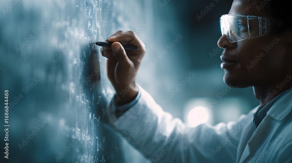 Poster focused scientist writing complex scientific formulas on a chalkboard in a laboratory setting