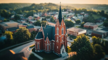 An aerial view a church. Aerial view of drone video. Architectural details of a church in the city of dubuque in iowa. A bird's-eye view of lifestyle a church.