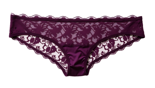 A pair of purple lace women’s panties with delicate floral patterns, isolated on a transparent background. Studio product shot of lingerie.