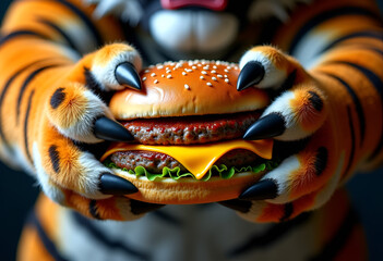 The tiger's paws with long claws hold a juicy burger with cheese and a meat patty.
