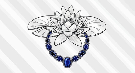 Exquisite Blue Gemstone Necklace with a Water Lily Line Drawing.